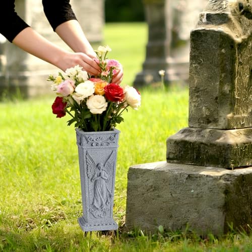 Cemetery Vases, Grave Memorial Vase with Spike, Resin Angel Flowers Holder for Cemetery, Headstone, Grave, Garden, Lawn, Yard Decorations (1Pc, Grey), Flower is not Included.