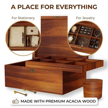 LUSH & STYLE Acacia Wooden Box, Keepsake With Hinged lid and locking keys, Decorative, Memory, Wooden Storage Boxes, Customizable With Adjustable Tray,keepsake trunk (Divider Model) Large 11x9x5 Inch - style: Modern