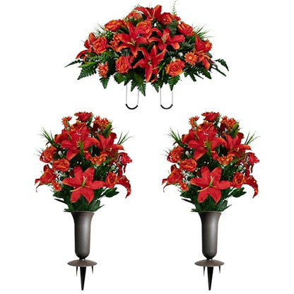 Sympathy Silks Artificial Cemetery Flowers - Gravesite Flowers - Fire Red Lily, Rose, and Daisies - (1) Headstone Flower Saddle & (2) Matching Bouquet (2) Cemetery Vase Included - color: Fire Red, size: (1) Saddle (2) Bouquet (2) Vase