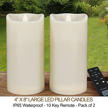 Pack of 2 Large Outdoor LED Pillar Candles 4x8 with Timer and Remote - IP65 Waterproof Battery Operated LED Pillar Candles Ivory Body - Oblique Edge Flickering Flameless Pillar Candles - color: [Pack of 2] 4 X 8 - Ivory Body - Warm White Glow