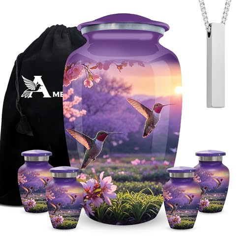 Set of 6 Hummingbird Decorative Funeral Urns for Ashes Adult Male & Female Includes 1 Large Urn with 4 Small Keepsakes & 1 Silver NecklaceUrn(Sunset Hummingbird, Urns) - color: Sunset Hummingbird