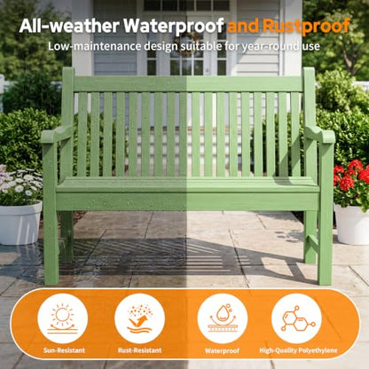 2-Person Outdoor Bench with 700 Lbs Weight Capacity, Green | Poly Lumber Weatherproof Garden Bench Seating for Porch, Balcony and Park, All-Weather Patio Bench Furniture - color: Green