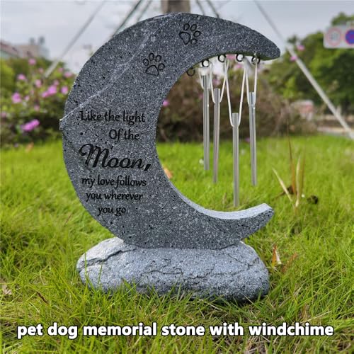 Pet Dog Memorial Stone Headstone Grave Marker with Windchimes | Pet Gravestone for Dog Lost, Moon Shape, Weatherproof, Handmade of Resin, Sympathy Pet Dog Cat Memorial Gifts Outdoor