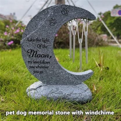 Pet Dog Memorial Stone Headstone Grave Marker with Windchimes | Pet Gravestone for Dog Lost, Moon Shape, Weatherproof, Handmade of Resin, Sympathy Pet Dog Cat Memorial Gifts Outdoor