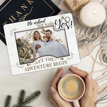 Engagement Picture Frame, He Asked She Said Yes Wedding Photo Frames, Newly wed Gifts for The Couple Newly Engaged, Engagement Party Favors, Let The Adventure Begin (4 x 6 Photo)-A03 - color: white wedding