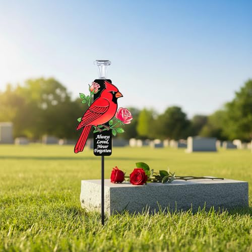 Solar Cardinal Memorial Stakes for Graves - Metal Cemetery Decorations with LED Light, Sympathy Gift for Loss of Father Dad, Mom, Grandma, Garden Grave Markers - style: Red Cardinal