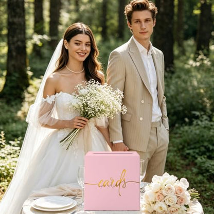 Light Pink Card Box with Gold Foil Design, Paperboard 8.7" Gift Card Holder for Wedding Graduation Birthday Party Reception Retirement Anniversary Bridal & Baby Shower - color: Light Pink Card Box with Gold Foil, size: 8.7×8.7×8.7Inch(1 Pack)