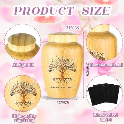 Beeveer 4 Sets Small Urn for Human Ashes Mini Urns with Tree Pattern Engraved Biodegradable Bamboo Cremation Urns for Pet Ashes with Black Velvet Bags