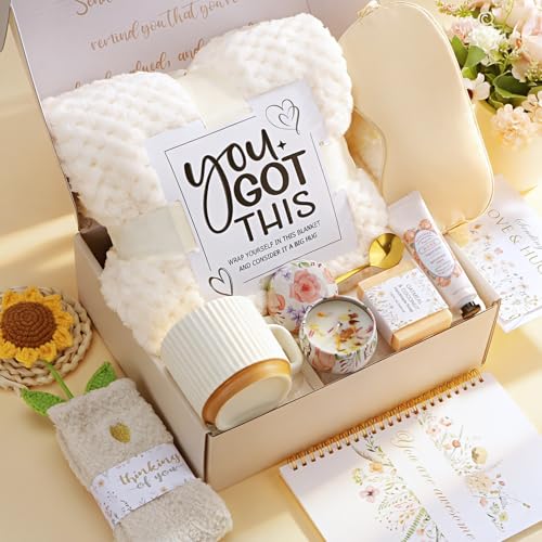 Get Well Soon Gifts Baskets for Women Self Care Package After Surgery Gifts | Feel Better Hug In a Box Gifts for Women Cancer Sick Friends Mom Her, Inspirational Thinking of You Recovery Gifts w/ Blanket - color: White-Get well