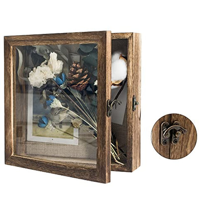 GraduatePro Shadow Box Frame 8x8 Display Case with Linen Back, Real Glass Window Door with Hinge, Picture Frame Wedding Bouquet Memorabilia Medals Photos Memory Box for Keepsakes, Carbonized Black | Hinged Front Open Door with Tempered Glass, Linen Back w