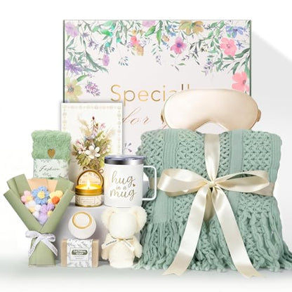 11 PCS Birthday Gifts for Women, Get Well Soon Gifts Baskets for Women Self Care,Thank You Gift,Spa Care Package After Surgery Thinking of You Sympathy, for Mom Her Wife Sister Friend (Blanket) - color: Sage Green