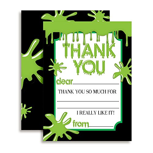 Green Slime Birthday Thank You Notes for Kids, Ten 4" x 5.5" Fill In the Blank Cards with 10 White Envelopes by AmandaCreation - style: Green Slime