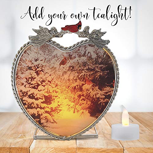 Cardinal Winter Scene Tealight Candle Holder, Snowy Forest Votive Candleholder with Red Cardinals and Metal Angel Accents, Clear Base Christmas Memorial Decor, Sympathy Gift, 4 5/8 x 4 1/8 x 2.5