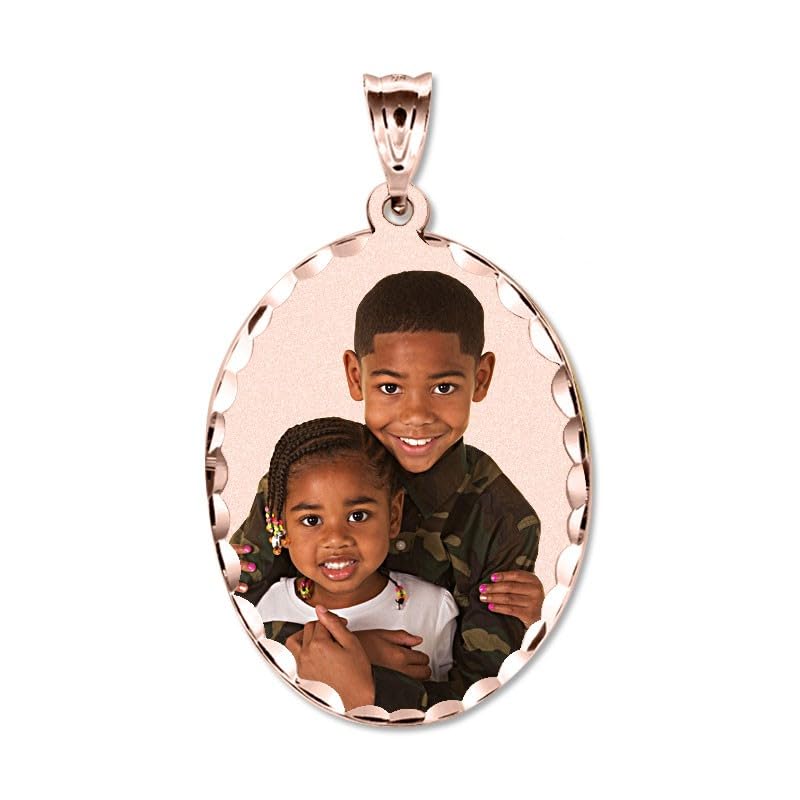 Oval w/Diamond Cut Edge Custom Photo Engraved Pendant - in Solid 14K, 10k, Yellow, White, Or Sterling Silver - color: 14K Rose Gold With Engraving, size: 3/4 x 1 Inch