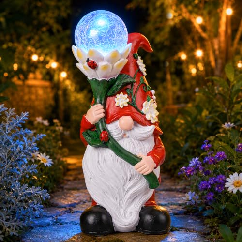 Garden Gnomes Outdoor, Solar Gnome Statue with Ladybugs Flower Decor for Yard, Garden, Patio, Balcony, Porch, Lawn Decor, Funny Gnome Gift for Mom Women Grandma - color: Ladybug Flower Gnome