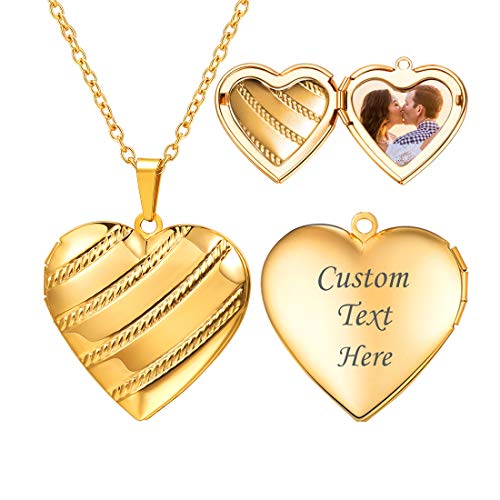 U7 Women Locket Necklace, Heart Photo Lockets Hold Picture, Gift Box Packed - color: 05# Gold Stripe