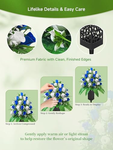 Mirevielyn 2-Pack 24 Stems Artificial Rose Cemetery Flowers with Vases - color: Blue & White (Full Bouquet)