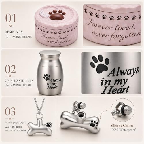 Pet Memorial Gift Set for Loss of Dog Cat | Resin Paw Print Box, Stainless Steel Cremation Urn, Waterproof Ashes Necklace (Bone&Heart), Pet Hair Keychain sympathy gift