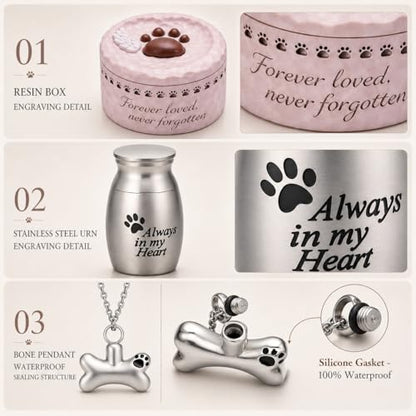 Pet Memorial Gift Set for Loss of Dog Cat | Resin Paw Print Box, Stainless Steel Cremation Urn, Waterproof Ashes Necklace (Bone&Heart), Pet Hair Keychain sympathy gift