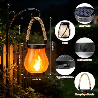 Solar Lanterns Outdoor Waterproof,2 Pack Flickering Flame Hanging Lanterns | 2 Modes Dual Charging Solar & USB for Garden Yard Patio Porch Tree Decor