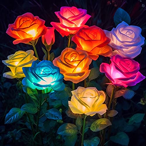 10 Pack Solar Flowers Lights Outdoor Waterproof for Yard Garden Decor | 7 Color Changing, Artificial Roses, IP65 Waterproof, Easy Install, Auto On/Off, 800mah Battery Lasts 12H, No Wiring - size: 10 Pack