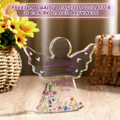 Gerrii Christian Gifts Women Angels Spiritual Desk Decor, Sister in Christ | Religious Plaque Bible Verse Gift for Her Mom Sister, Angel Sign Floral Acrylic Woman Decor, Christmas Holiday Birthday Gifts - style: Sister in Christian