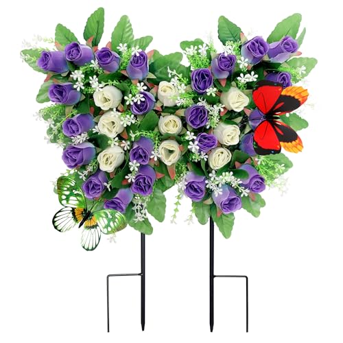 Lodou Butterfly-Shaped Cemetery Flowers for Grave – Realistic Memorial Floral Arrangement with Ground Spikes, Artificial Cemetery Flowers for Cemetery Decorations (Purple) - color: Purple