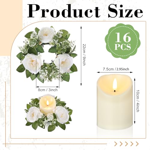 Yunlly 16 Set Rose Candle Rings Wreaths 3 Inch Center with Flameless LED Candles Artificial Rose Light Garland Fake Electric Votive Tealights Bulk Funeral Wedding Table Centerpieces Decor(White) - color: White