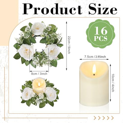 Yunlly 16 Set Rose Candle Rings Wreaths 3 Inch Center with Flameless LED Candles Artificial Rose Light Garland Fake Electric Votive Tealights Bulk Funeral Wedding Table Centerpieces Decor(White) - color: White