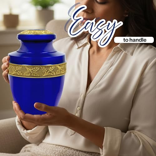 Cremation Urn for Human Ashes, Persian Blue & Gold - color: Persian Blue Gold, size: Hand-Etched Leaf - 7x11"