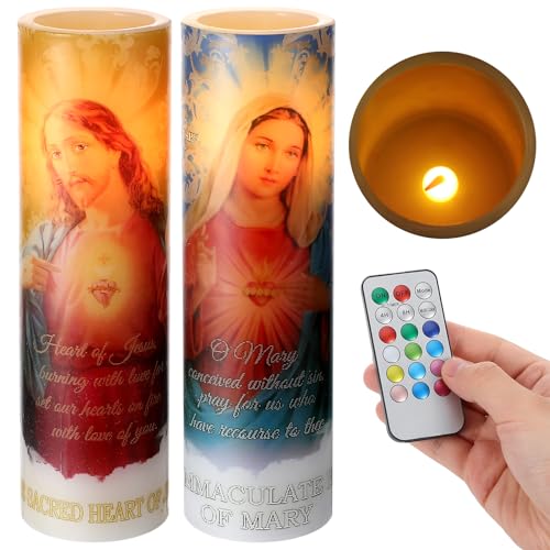 Landhoow Immaculate Heart of Mary and Sacred Heart of Jesus 2 LED Candle | Flameless Wax ,Religious LED Prayer Candles, Battery Operated Remote, Safe for Baptism Church Home Altar - style: Immaculate Heart of Mary and Sacred Heart of Jesus
