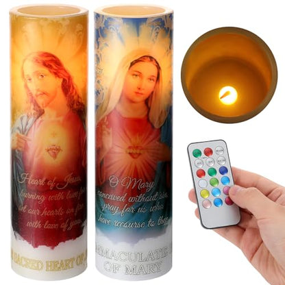 Landhoow Immaculate Heart of Mary and Sacred Heart of Jesus 2 LED Candle | Flameless Wax ,Religious LED Prayer Candles, Battery Operated Remote, Safe for Baptism Church Home Altar - style: Immaculate Heart of Mary and Sacred Heart of Jesus