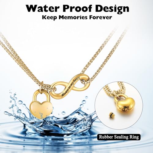XIUDA Infinity Urn Necklace for Human Ashes Always in My Heart Cremation Necklace Stainless Steel Memorial Ash Jewelry for Women - color: Gold