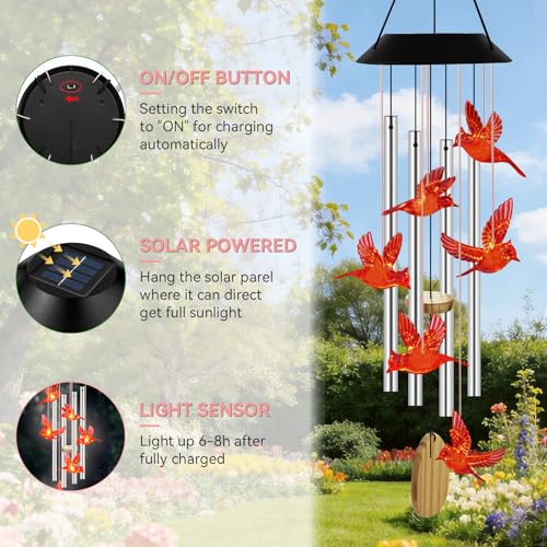 Solar Wind Chimes for Outside Color Changing Light, Red Cardinal - color: Red Cardinals