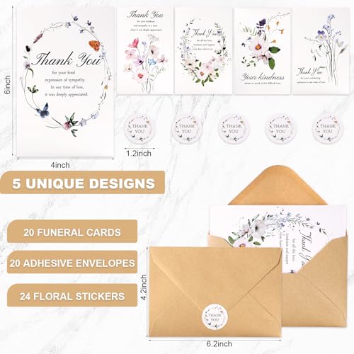 C2U Funeral Thank You Cards with Envelopes(20 Pack 4"x6"),Stickers & Message Inside - Wildflower Bereavement Sympathy Thank You Cards for Funeral Family Friends Loved Ones - color: 20 Wildflower cards