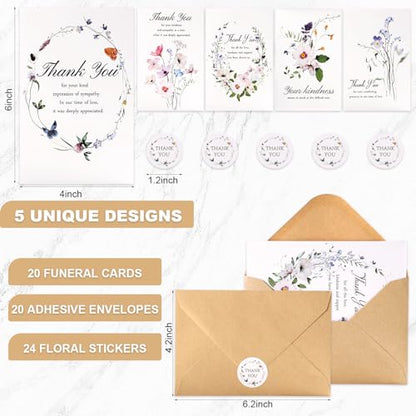 C2U Funeral Thank You Cards with Envelopes(20 Pack 4"x6"),Stickers & Message Inside - Wildflower Bereavement Sympathy Thank You Cards for Funeral Family Friends Loved Ones - color: 20 Wildflower cards