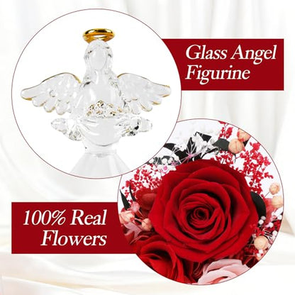 Casaido Mothers Day Rose Gifts for Women, 7" Red Preserved Roses Flowers in Glass Angel Figurine, Birthday Gift for Mom Wife Grandma, Eternal Rose for Valentines Christmas Anniversary - color: Red