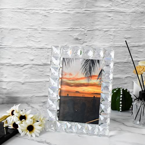 Luxury Crystal Picture Photo Frame,Grid Diamond Craft,Crystal Wedding Frame of Keepsake Photo Frames, Tabletop Display Decor Frame, Clear with Gift Box (5" x 7") - size: 5"x7"