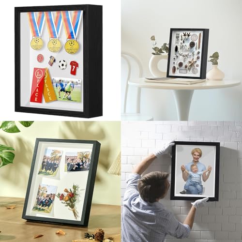 Black Shadow Box Frame, 1.2 Inch Deep MDF Wood Shadow Box with Acrylic (Not Glass), Wall Mount & Tabletop Display Case for Photos Dried Flowers Medals Memorial Keepsakes Crafts (Black, A4) - size: A4