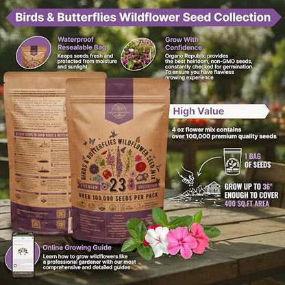 Organo Republic 23 Wildflower Seeds Annual & Perennial Mix for Indoor & Outdoors, Attract Birds & Butterflies 100,000+ Non-GMO, Heirloom Garden Seeds, 4oz Packet for Growing Wild Flowers