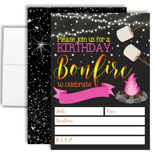 Backyard Bonfire Camping Under the Stars Birthday Party Invitations for Girls, 20 5x7 Fill In Cards with Twenty White Envelopes by AmandaCreation - style: Backyard Bonfire Camping for Girls