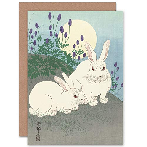 Ohara Koson Rabbits Full Moon Japanese Woodcut Fine Art Greeting Card Plus Envelope Blank Inside - color: Rabbits Full Moon