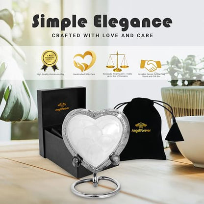 White Heart Keepsake Urn for Human Ashes – Handcrafted Brass Mini Urn with Stand, Velvet Bag & Gift Box – Enamel-Coated Small Memorial Urn for Baby, Pet or Loved One – Decorative Funeral Keepsake