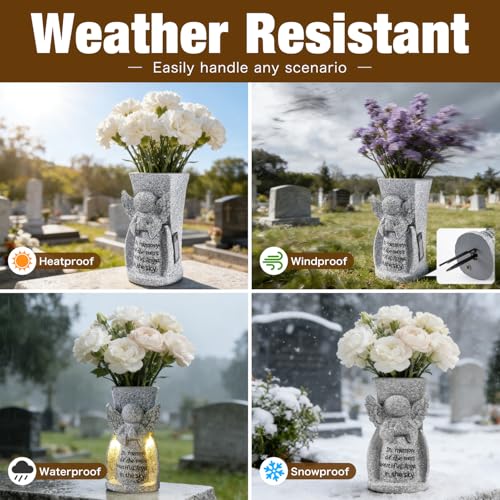 HUYIENO Solar Cemetery Flower Vase Angel Memorial Vase for Grave Outdoor Waterproof Cemetery Decorations with Metal Spikes Sympathy Loss Gift Memorial Gifts - style: Angel