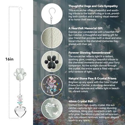 Dog Memorial Gifts, Pet Memorial Suncatcher, Loss of Dog Sympathy Gift | Thoughtful Dogs and Cats Bereavement Remembrance Gifts, Natural Cat's Eye Stone Paw Crystal Suncatcher - color: Blue Tiger Eye