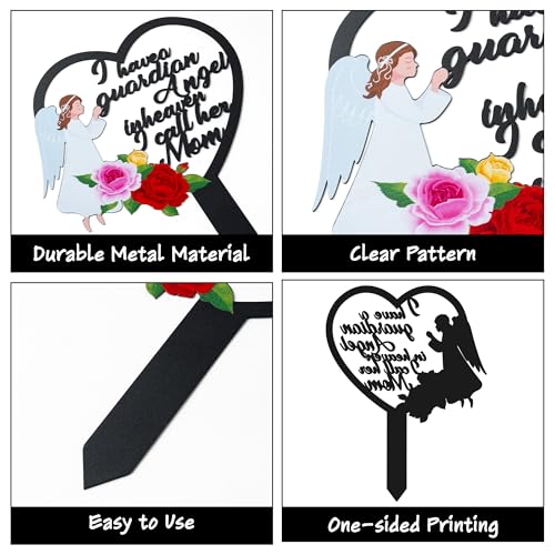 BUoonyer Stake Graves Cemetery Decorations - Mom Metal Memorial Grave Marker, Mother Heart Graveyard Sympathy Plaque, Angel Flower Remembrance Graveside Burial Decor Sign for Outside Yard Garden - style: Angel Mom
