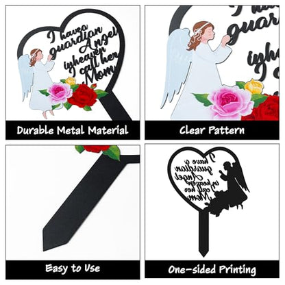 BUoonyer Stake Graves Cemetery Decorations - Mom Metal Memorial Grave Marker, Mother Heart Graveyard Sympathy Plaque, Angel Flower Remembrance Graveside Burial Decor Sign for Outside Yard Garden - style: Angel Mom