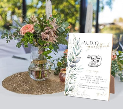 Greenery Wooden Wedding Sign, Audio Guestbook Sign, Floral Bridal Shower with Stand, Wedding Table for Reception, Engagement, Anniversary Event and Bachelorette Party Night, 17 - color: Audio Guestbook Sign-17