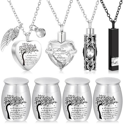 Shimeyao Set of 8 Small Urns for Human Ashes Cremation Urns Keepsake Ash Holders Family Tree Memorial Heart Locket Waterproof for Adults Women Men Loved Ones(Silver) - color: Silver