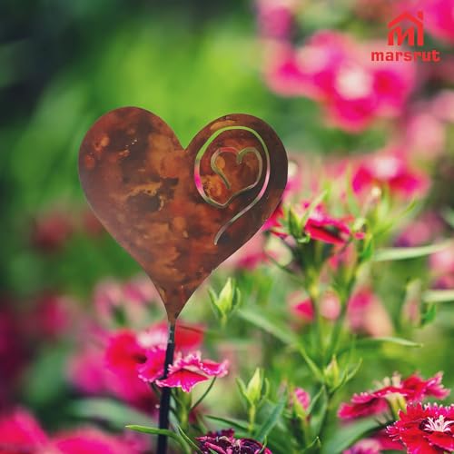 Marsrut Heart Garden Stake, Metal Garden Rusted Heart Pillar, Heart-Shaped Inserted Love Stakes for Use in ihe Plant Yard Garden, Made of Metal, 14Ga Thickness, Ony Heart, No Post Included